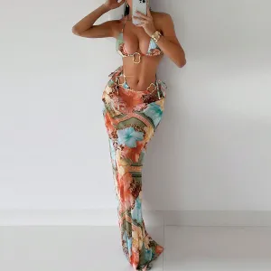 Women Sexy Print Bikini And Cover-Ups Swimsuit Three-Piece Set