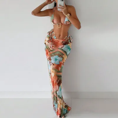 Women Sexy Print Bikini And Cover-Ups Swimsuit Three-Piece Set