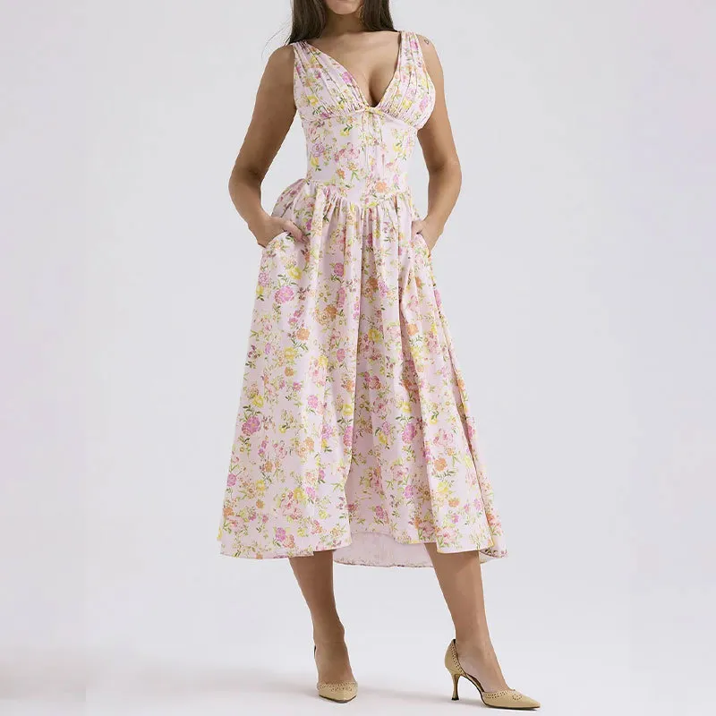 Women Casual Fashion V-Neck Floral Print A- Line Dress