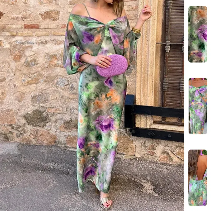 Women Fashion Floral Print Off-Shoulder Tie-Dye Shawl And Sling Dress Two-Piece Set