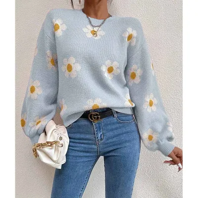 Autumn And Winter Women Fashion Loose Floral Jacquard Sweater