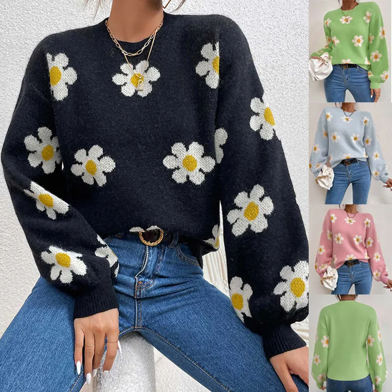 Autumn And Winter Women Fashion Loose Floral Jacquard Sweater
