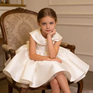 Kids Girls Fashion Elegant Solid Color Satin Bowknot Fluffy Party Dress
