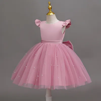 Kids Girls Fashion Elegant Solid Color Beads Mesh Stitching Sleeveless Bowknot Dress