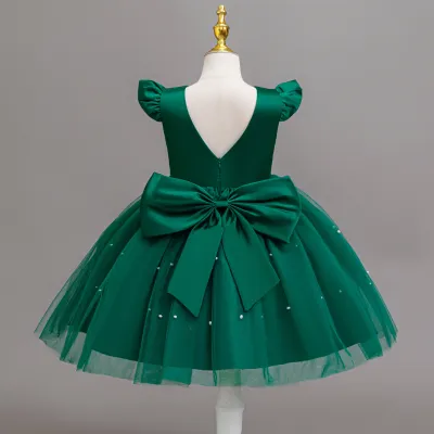 Kids Girls Fashion Elegant Solid Color Beads Mesh Stitching Sleeveless Bowknot Dress