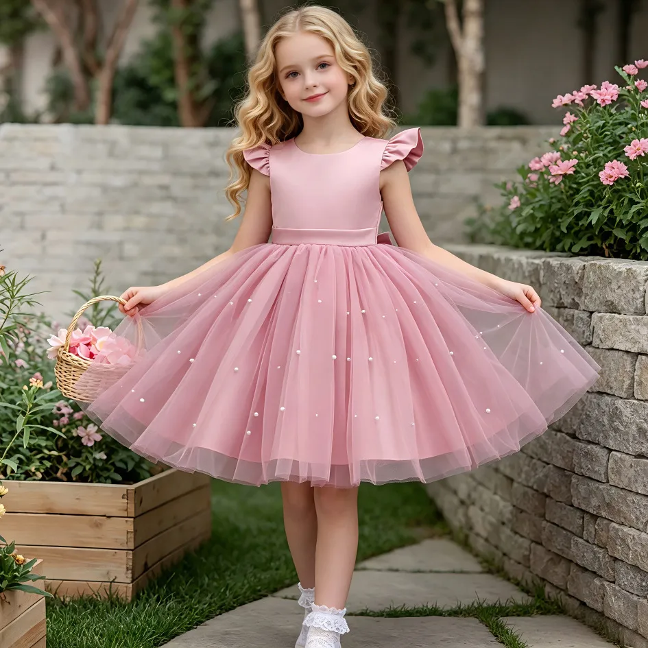 Kids Girls Fashion Elegant Solid Color Beads Mesh Stitching Sleeveless Bowknot Dress
