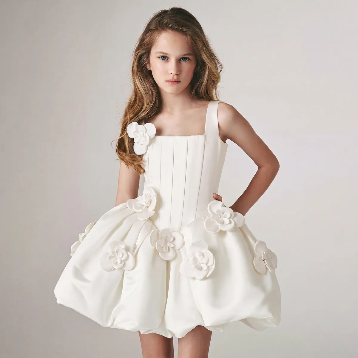 Kids Girls Fashion Elegant Solid Color Flower Decoration Party Dress