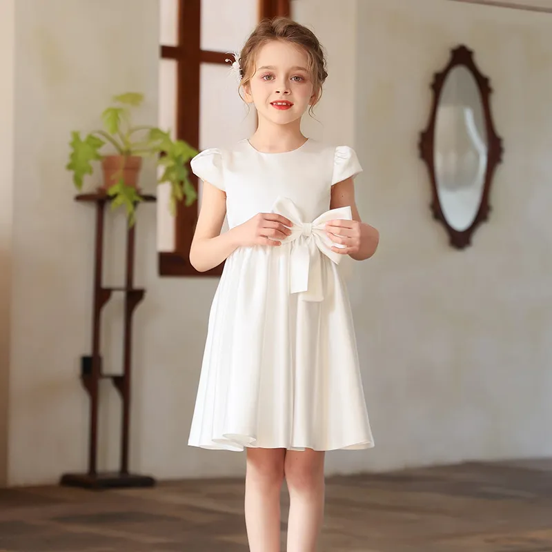 Kids Girl'S Fashion Elegant Solid Color Short-Sleeve Bowknot Dress