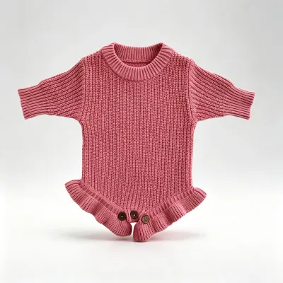 Kids Baby Girls Fashion Solid Color Autumn And Winter Long-Sleeve Knitted Rompers