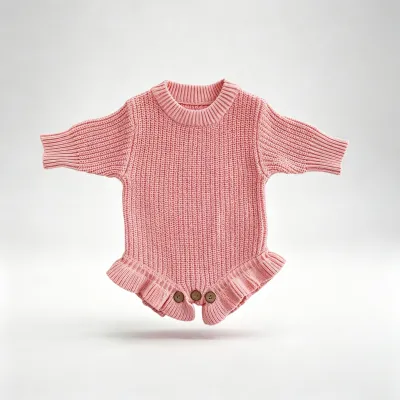 Kids Baby Girls Fashion Solid Color Autumn And Winter Long-Sleeve Knitted Rompers