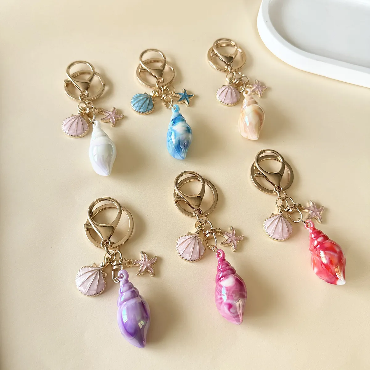 Women Fashion Ocean Colored Conch Shell Starfish Pendant Keychain