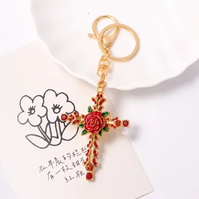 Women Fashion Creative Metal Rose Cross Keychain