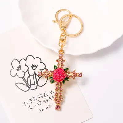 Women Fashion Creative Metal Rose Cross Keychain