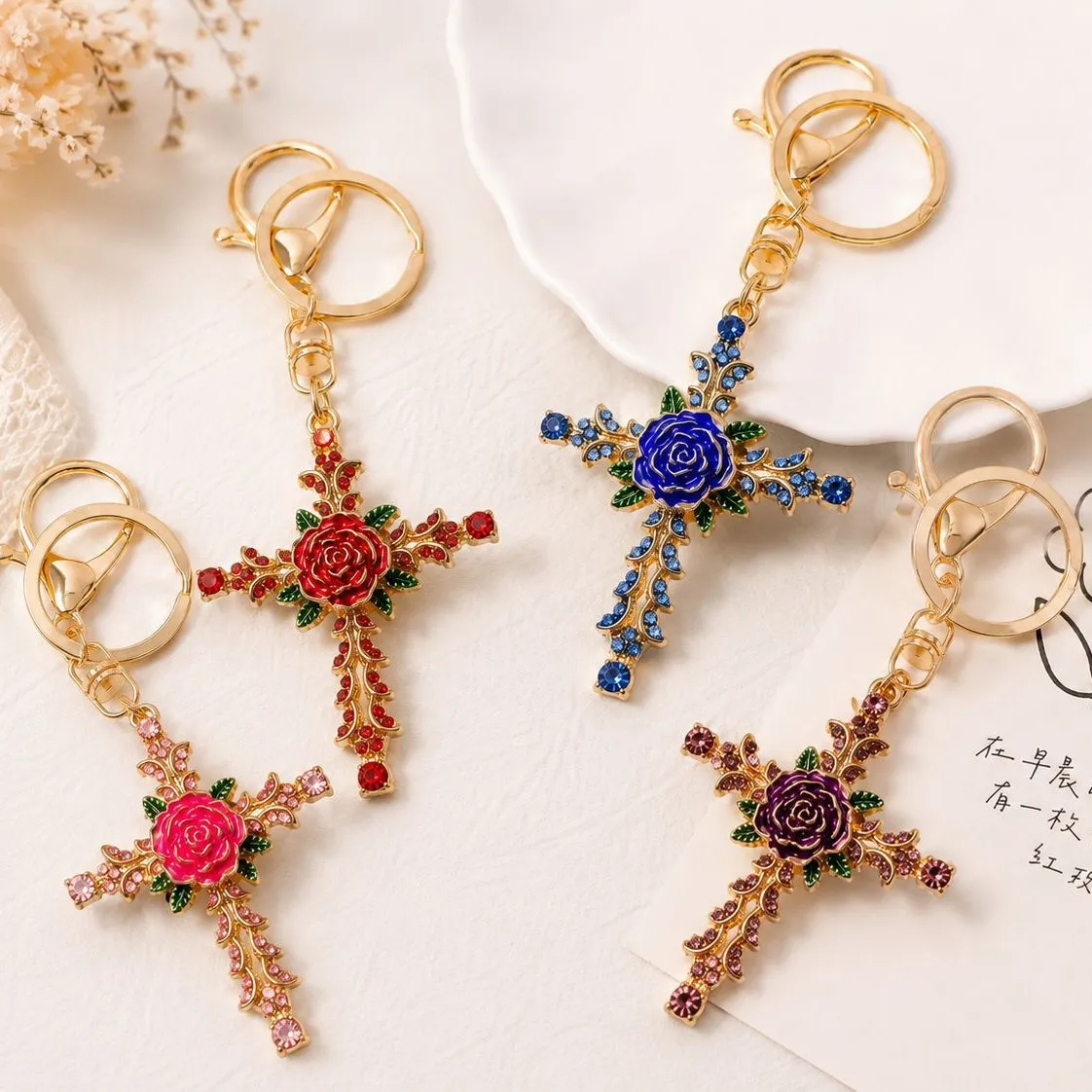 Women Fashion Creative Metal Rose Cross Keychain