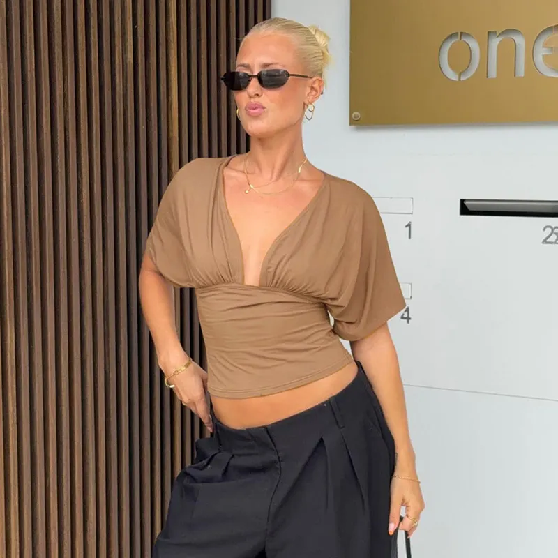 Women Fashion Solid Color V-Neck Cropped Top