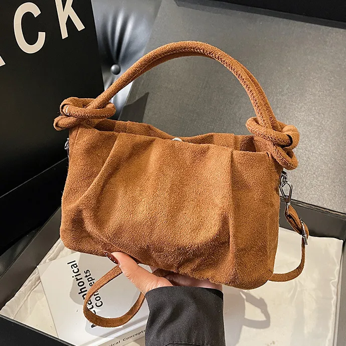 Women Fashion Retro Casual Simple Solid Color Velvet Folding Handbag