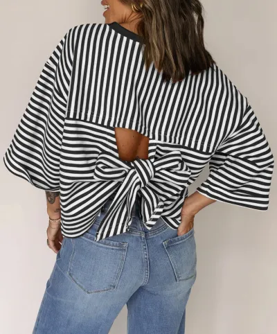 Women Fashion Casual Round Neck Stripe Backless Short Sleeve T-Shirt