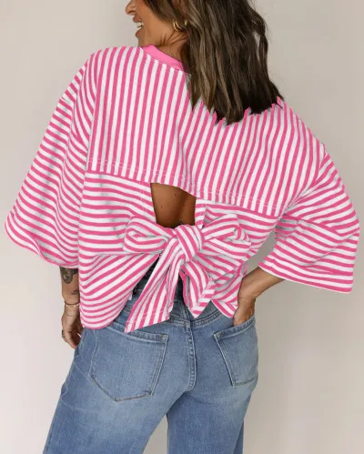 Women Fashion Casual Round Neck Stripe Backless Short Sleeve T-Shirt