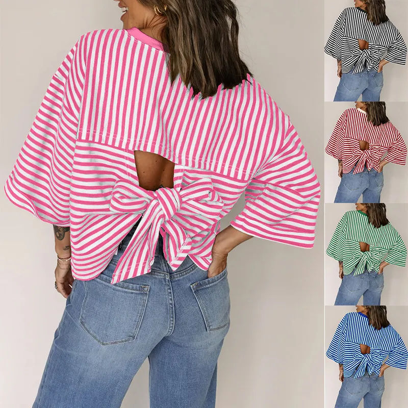 Women Fashion Casual Round Neck Stripe Backless Short Sleeve T-Shirt