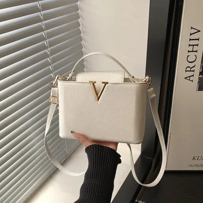 Women Fashion Casual Simple Solid Color V-Shaped Decorative Portable Handbag