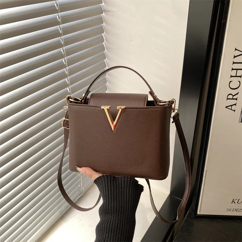 Women Fashion Casual Simple Solid Color V-Shaped Decorative Portable Handbag
