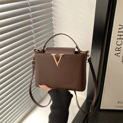 Women Fashion Casual Simple Solid Color V-Shaped Decorative Portable Handbag