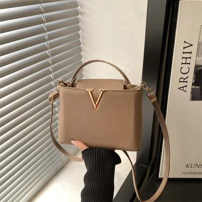 Women Fashion Casual Simple Solid Color V-Shaped Decorative Portable Handbag