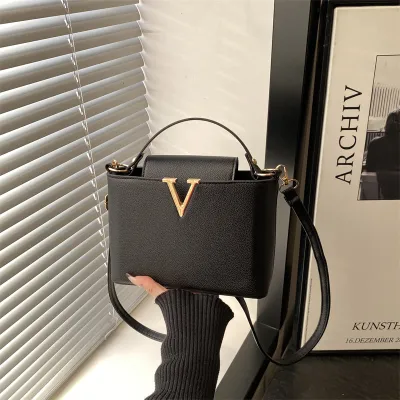 Women Fashion Casual Simple Solid Color V-Shaped Decorative Portable Handbag