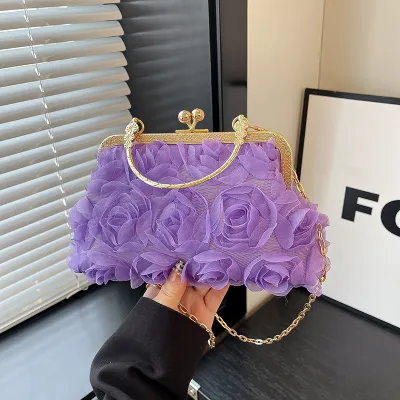 Women Fashion Elegantsolid Color Lace Floral Chain Handbag Evening Bag