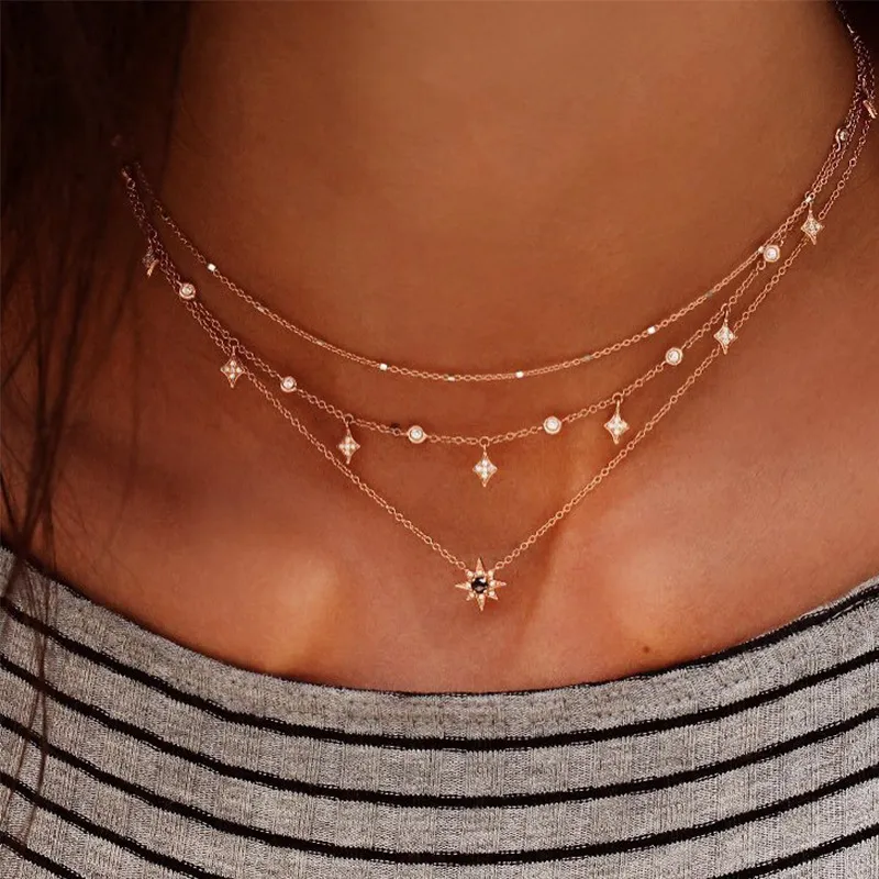 Women Fashion Multi-Layer Stacked Star Pendant Necklace