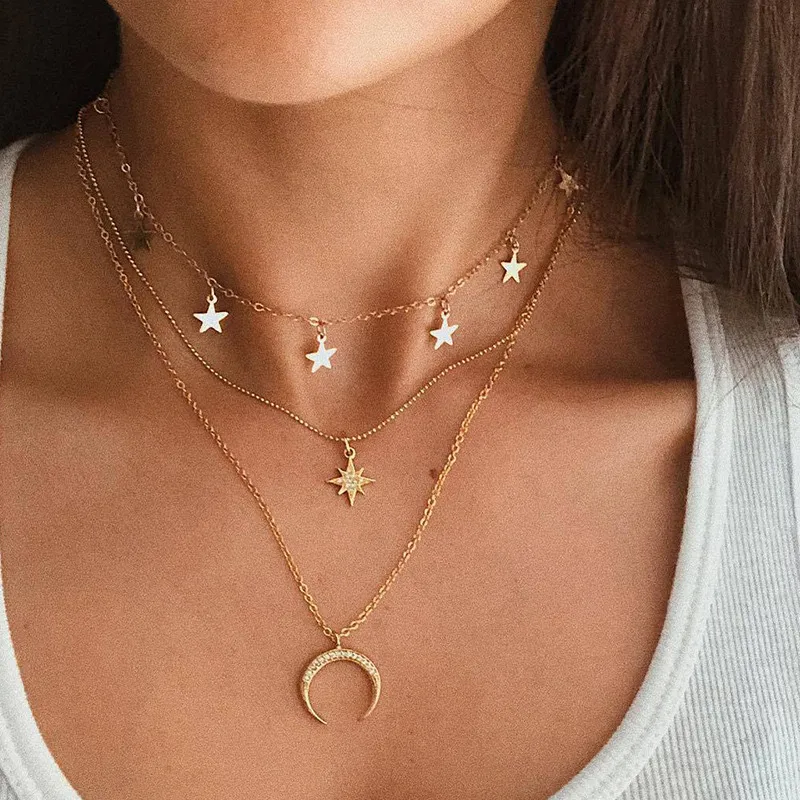 Women Fashion Multi-Layered Stacked Star Moon Pendant Necklace