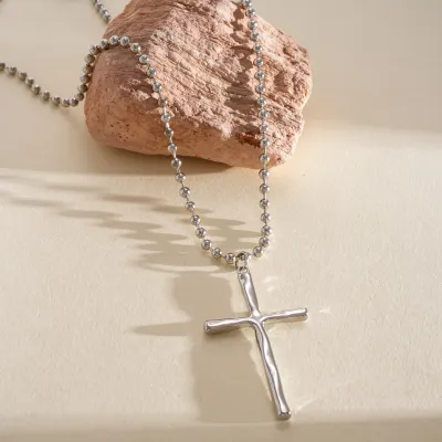 Women Fashion Simple Metallic Round Beaded Long Cross Necklace