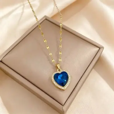 Women Fashion Titanium Steel Blue Love Rhinestone Clavicle Chain Necklace