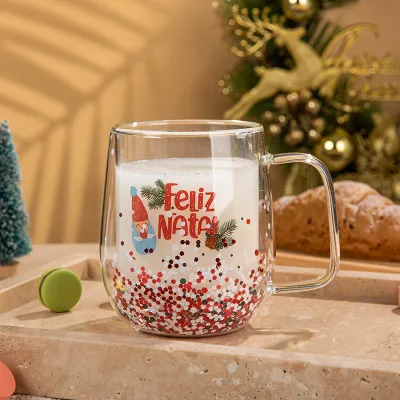 Christmas Sequin Glass Handle Mug Cup