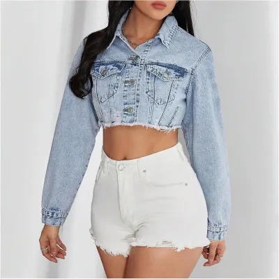 Women Casual Lapel Crop Denim Jacket