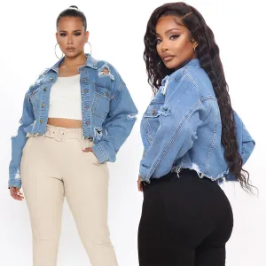 Autumn Women Fashion Ripped Crop Denim Coat