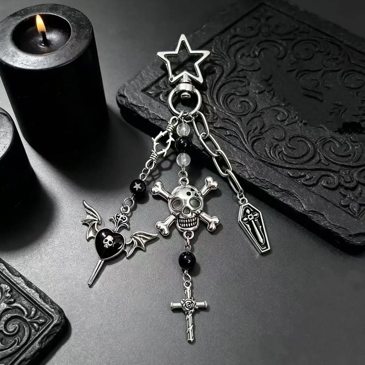 Halloween Dark Punk Gothic Skull Cross Bag Pendant Keychain