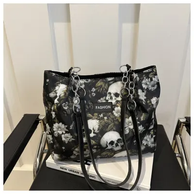 Women Fashion Halloween Skull Printed Canvas Bag Large Capacity Shoulder Bag