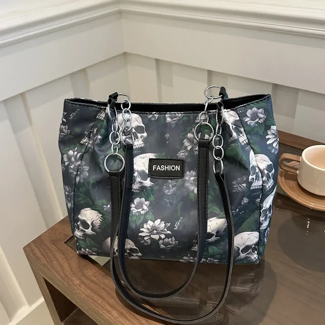 Women Fashion Halloween Skull Printed Canvas Bag Large Capacity Shoulder Bag