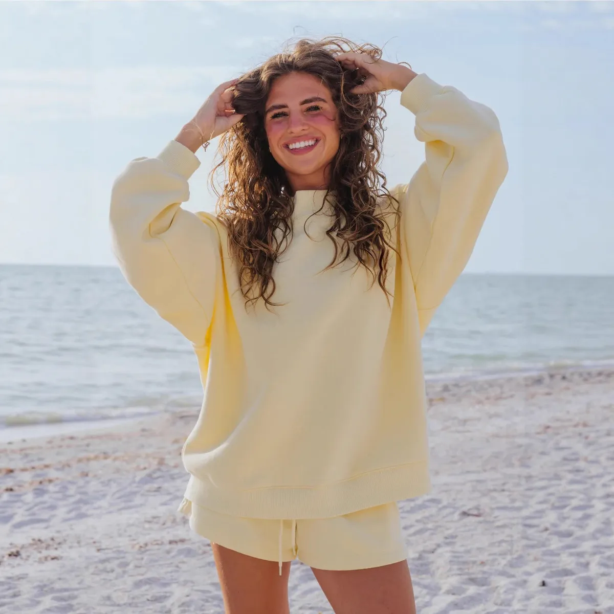 Autumn Women Casual Athleisure Crewneck Sweatshirt And Shorts Fleece Two-Piece Set