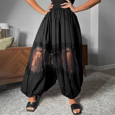 Women Fashion Lace Stitching Loose Pants