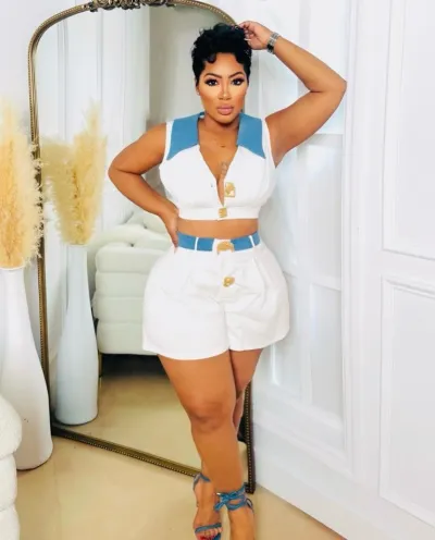 Women Fashion Sexy Color Block V-Neck Sleeveless Crop Top Loose Shorts Two-Piece Set