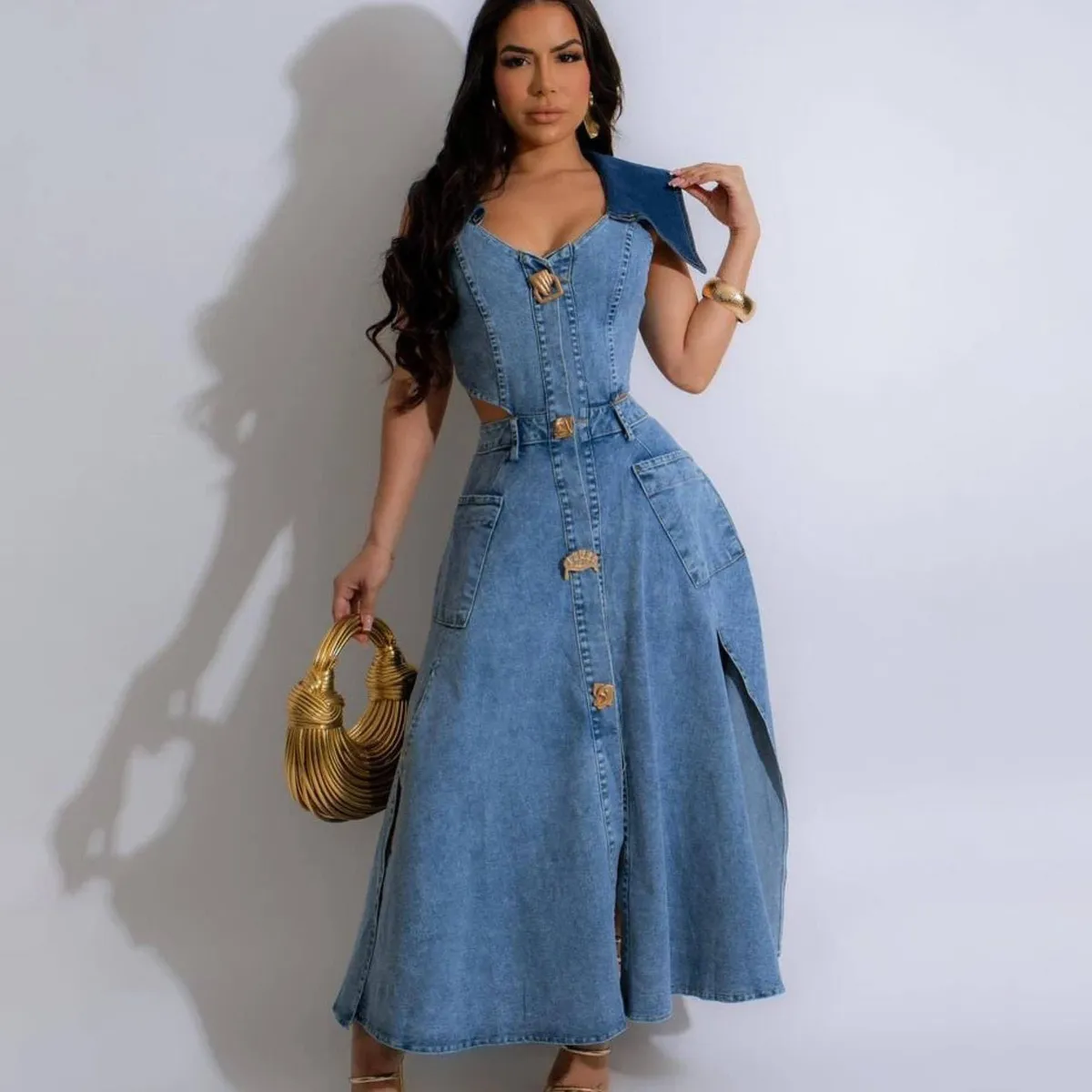 Women Fashion Casual Lapel Sleeveless Hollow-Out Long A-Line Denim Dress