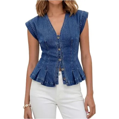 Women Fashion Casual Solid Color V-Neck Sleeveless Buckle Slim Pleated Denim Vest