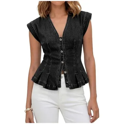 Women Fashion Casual Solid Color V-Neck Sleeveless Buckle Slim Pleated Denim Vest