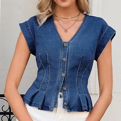 Women Fashion Casual Solid Color V-Neck Sleeveless Buckle Slim Pleated Denim Vest
