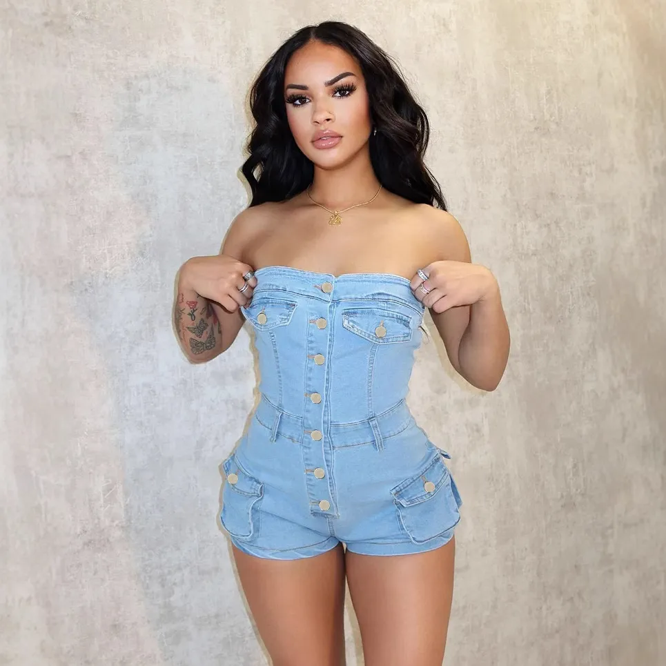 Women Fashion Sexy Summer Tube Top Stretch Tight Denim Rompers