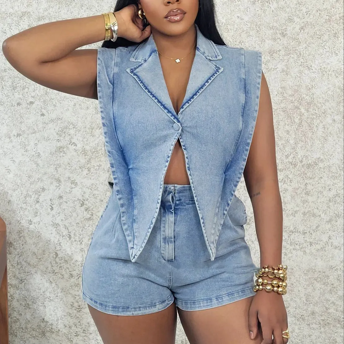 Women Fashion Casual Wash Lapel Sleeveless Loose Denim Rompers