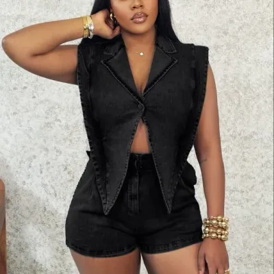Women Fashion Casual Wash Lapel Sleeveless Loose Denim Rompers