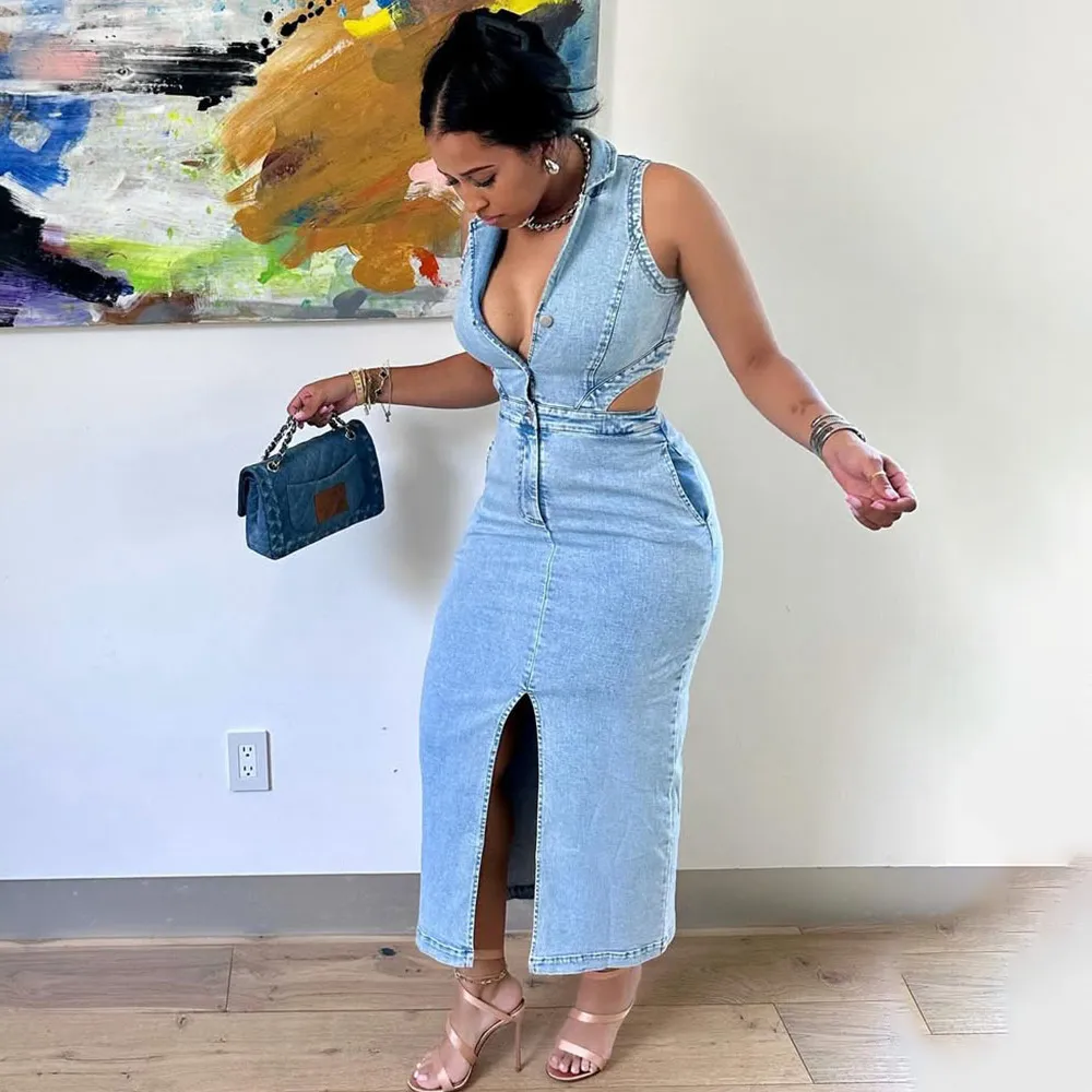 Women Fashion Sexy Lapel Sleeveless Hollow-Out Denim Dress
